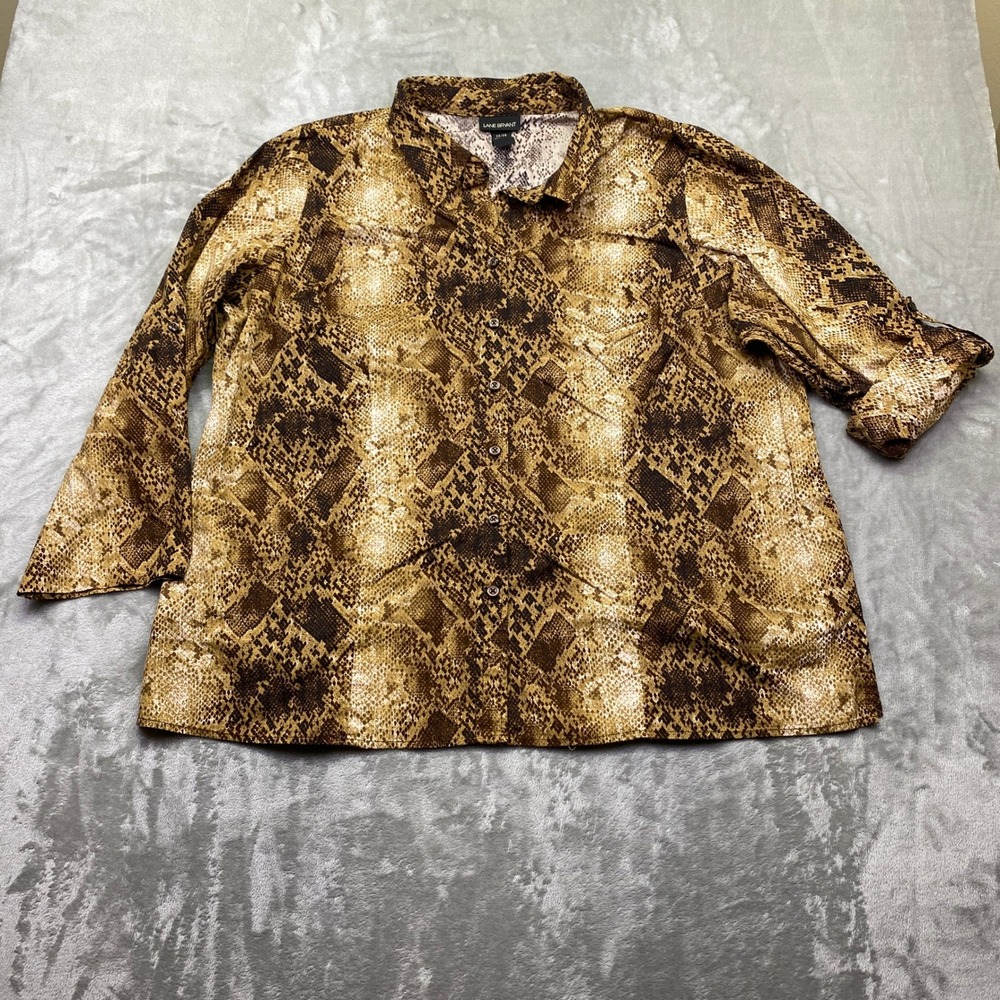 Lane Bryant Snakeskin Print Button Down Shirt Top Sz 26/28 Brown Gold Festive